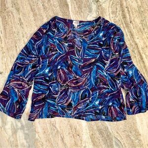 Chico’s Blue Purple Abstract Leaf Print Blouse Women’s Silk 3/4 Sleeve Top size2